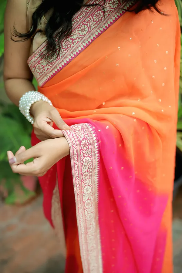 Pink_And_Orange_Georgette_Foil_Printed_Saree_With_Unstitched_Blouse_Piece_|_For_Women