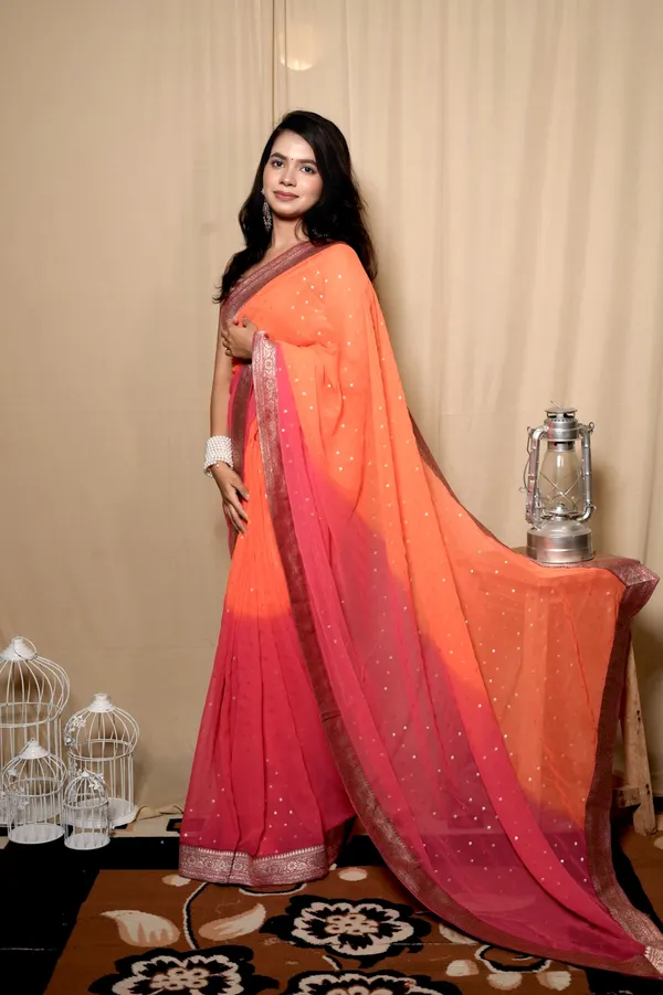Pink_And_Orange_Georgette_Foil_Printed_Saree_With_Unstitched_Blouse_Piece_|_For_Women