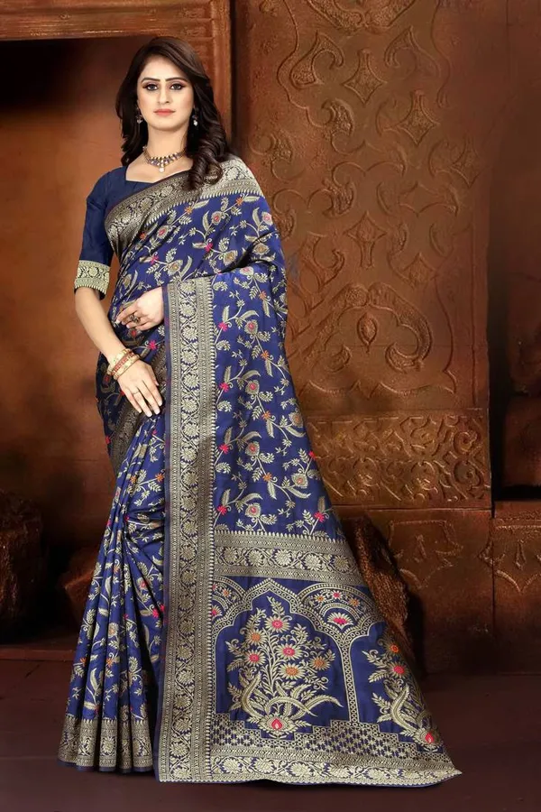 Navy_Blue_Banarasi_Silk_Saree_with_Unstitched_Blouse_Piece