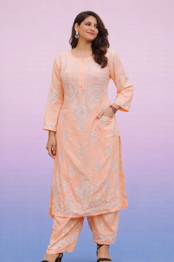 Peach_Premium_Chikankari_Modal_Suit_With_Thread_Work_For_Women