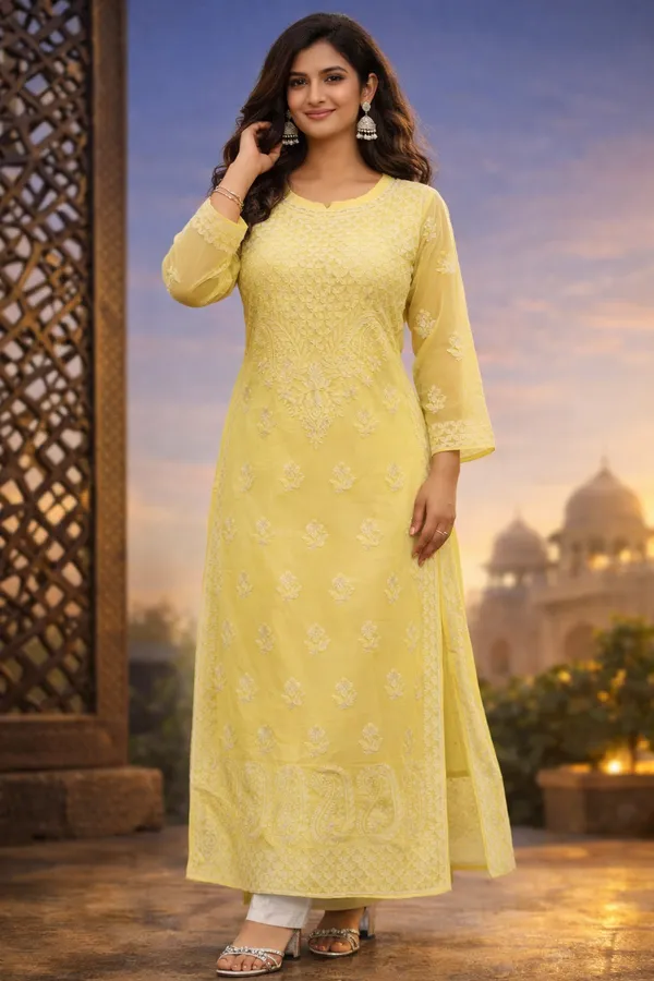 Yellow_Premium_Chikankari_Georgette_Kurti_With_Thread_Work_For_Women