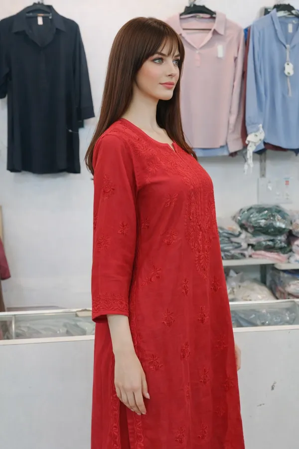 Red_Premium_Chikankari_Cotton_Kurti_With_Thread_Work_For_Women