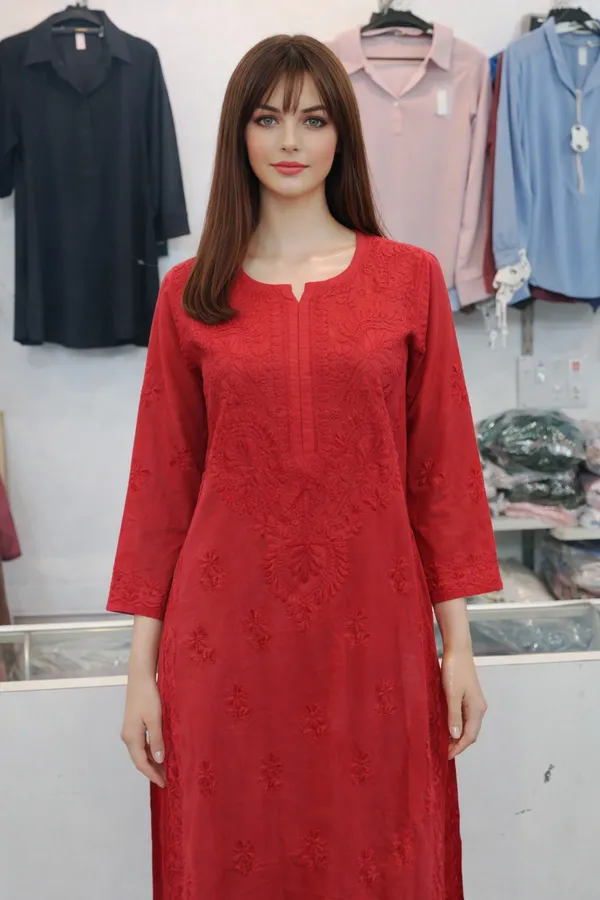 Red_Premium_Chikankari_Cotton_Kurti_With_Thread_Work_For_Women