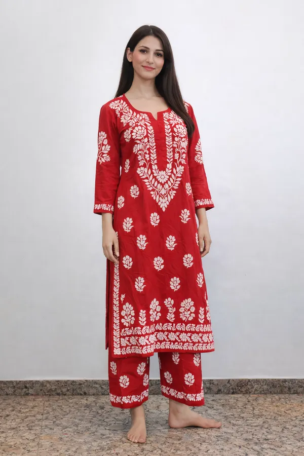 Red_Premium_Chikankari_Cotton_suit_With_Thread_Work_For_Women