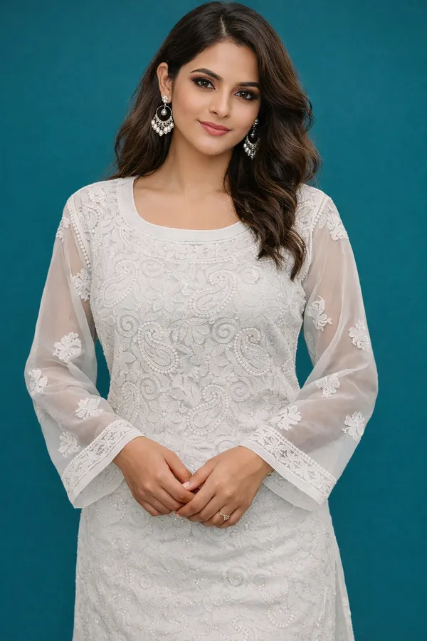 White_Premium_Chikankari_Georgette_Kurti_With_Thread_Work_For_Women