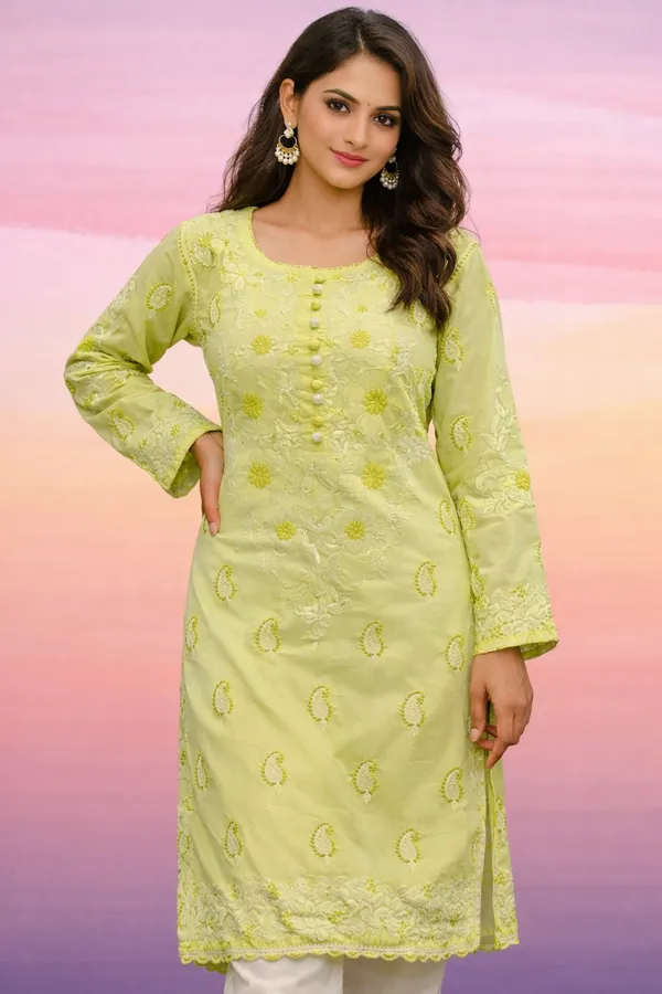 Parrot_Green_&_White_Wild_Cotton_Kurti_With_Thread_Work_For_Women