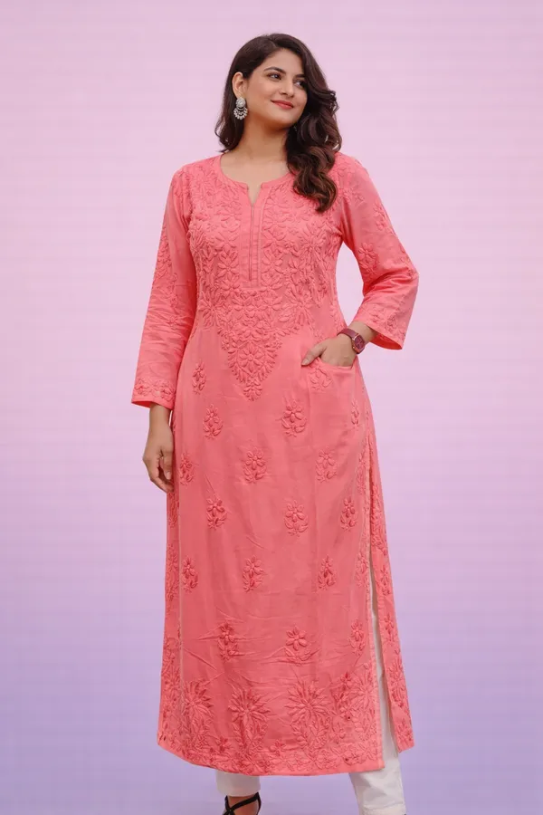 Peach_Premium_Chikankari_Modal_Kurti_With_Thread_Work_For_Women