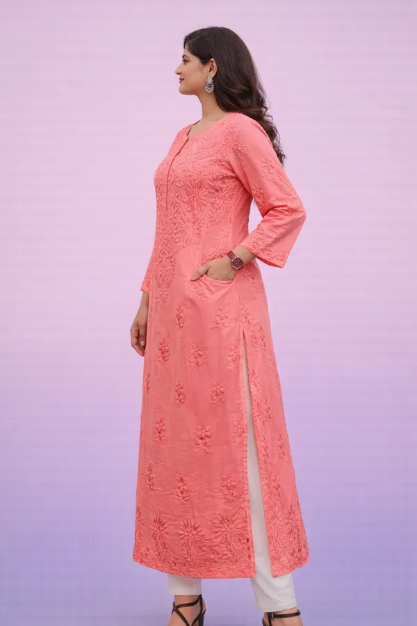 Peach_Premium_Chikankari_Modal_Kurti_With_Thread_Work_For_Women