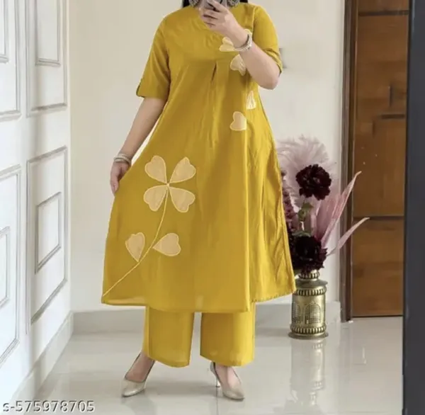 Mustard_Yellow_Cotton_Kurta_Pant_Set_with_Floral_Appliqué_Work