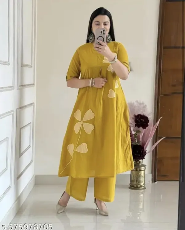 Mustard_Yellow_Cotton_Kurta_Pant_Set_with_Floral_Appliqué_Work