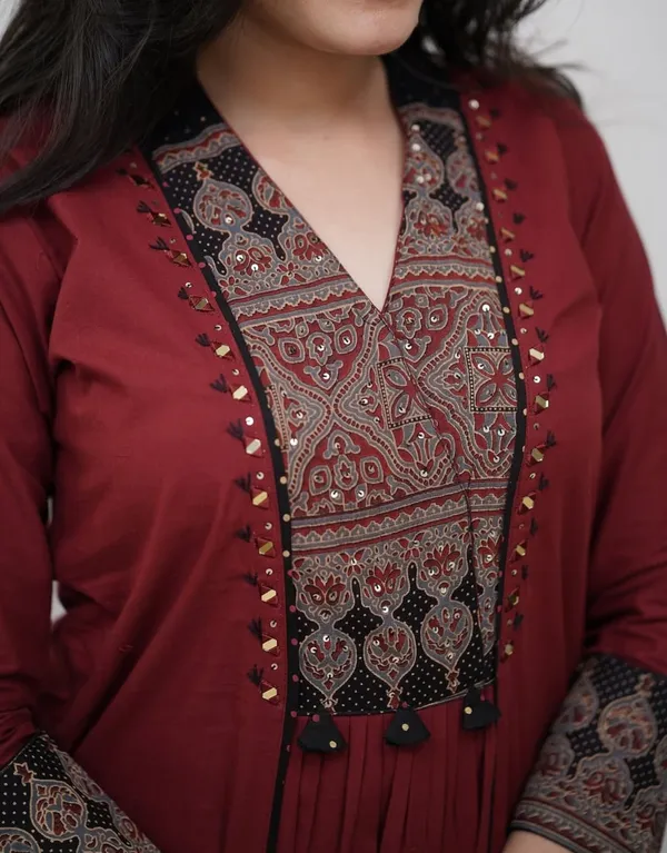 Ruhi_Maroon_Ajrakh_Patch_Aline_Kurta_Set