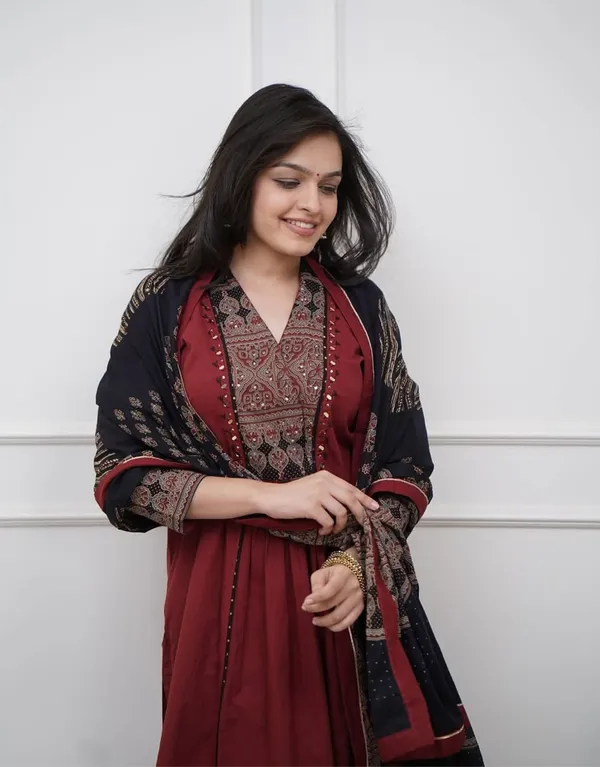 Ruhi_Maroon_Ajrakh_Patch_Aline_Kurta_Set