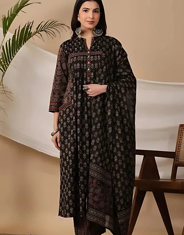 Black_Pure_Cotton_Ajrakh_Ethnic_Kurta_Set_For_Women_&_Girls