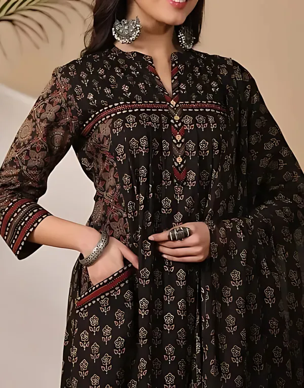 Black_Pure_Cotton_Ajrakh_Ethnic_Kurta_Set_For_Women_&_Girls