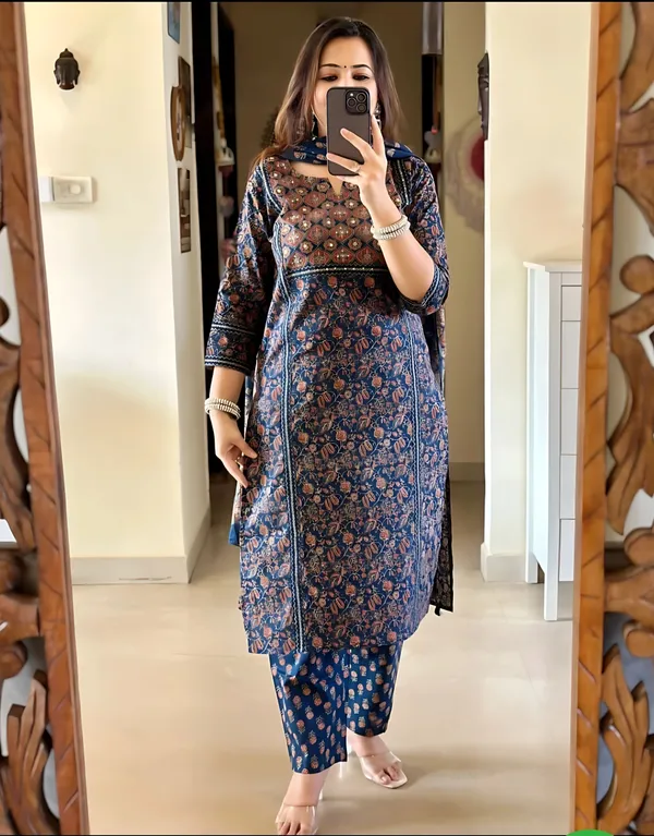 Blue_Pure_Cotton_Ajrakh_Print_Kurta_Set_For_Women_&_Girls