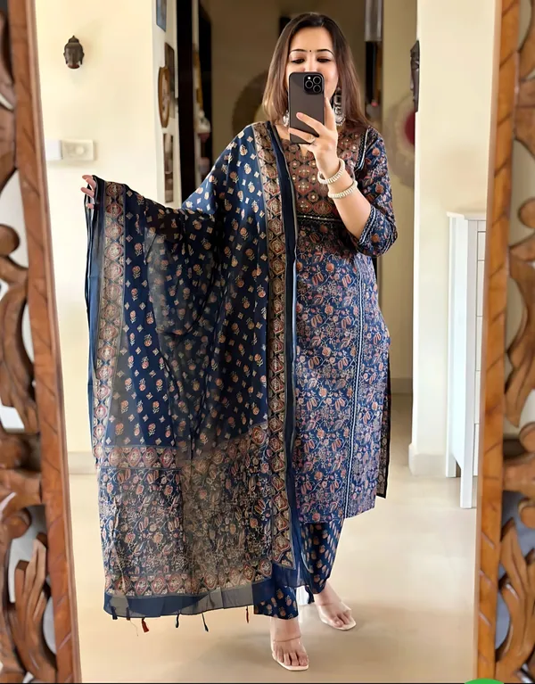 Blue_Pure_Cotton_Ajrakh_Print_Kurta_Set_For_Women_&_Girls