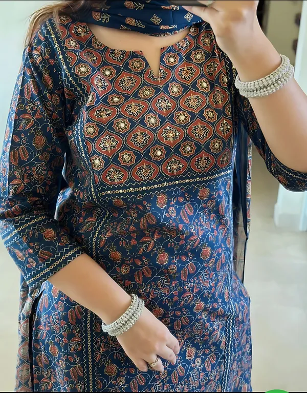 Blue_Pure_Cotton_Ajrakh_Print_Kurta_Set_For_Women_&_Girls
