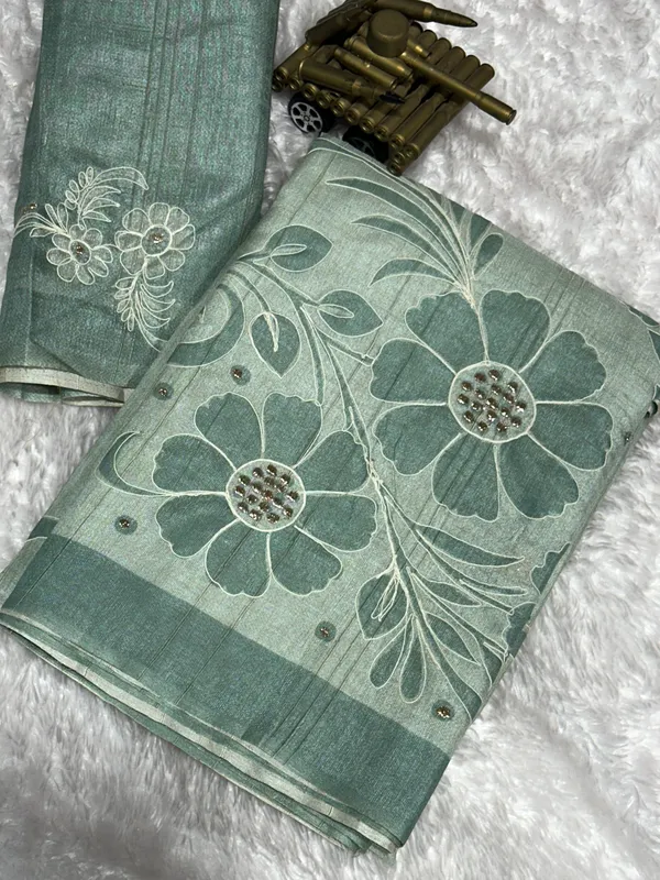 Light_Pastel_Green_linen_cotton_katha_work_Saree_With_Unstitched_Blouse_For_Women
