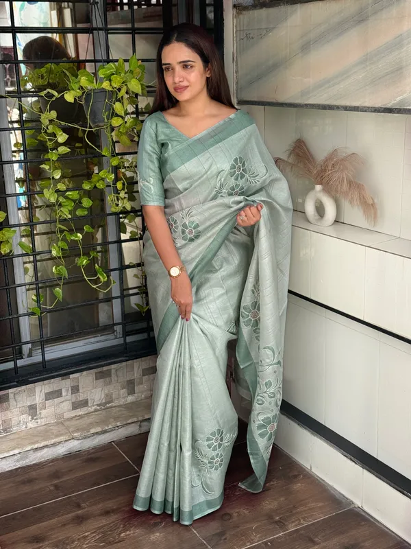 Light_Pastel_Green_linen_cotton_katha_work_Saree_With_Unstitched_Blouse_For_Women