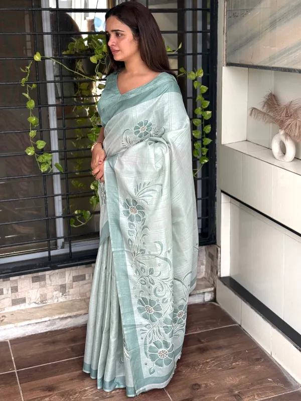 Light_Pastel_Green_linen_cotton_katha_work_Saree_With_Unstitched_Blouse_For_Women