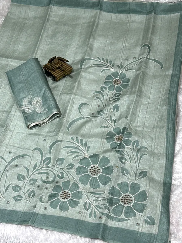 Light_Pastel_Green_linen_cotton_katha_work_Saree_With_Unstitched_Blouse_For_Women