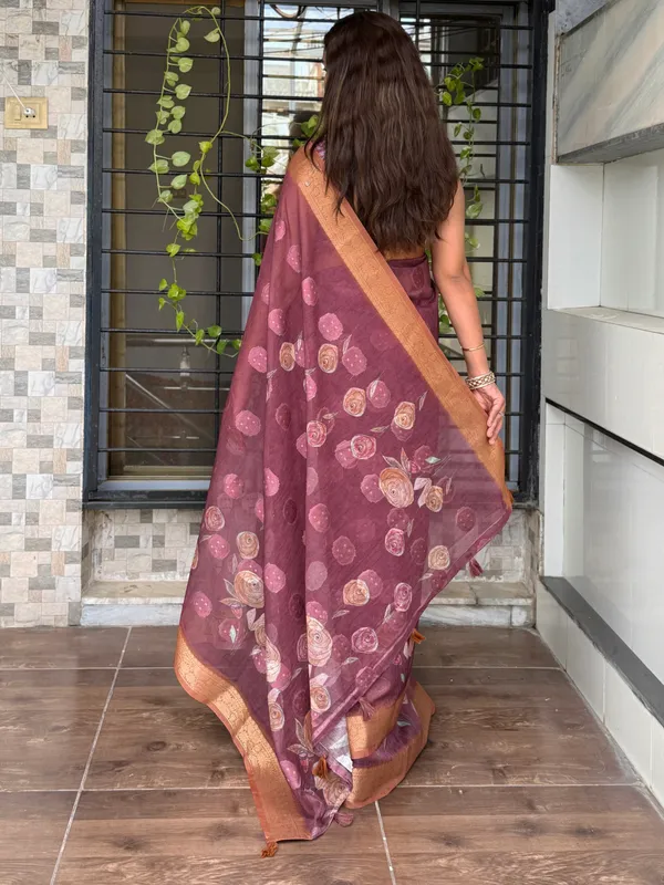 Violet_Pure_cotton_jacquard_Digital_Print_Saree_With_Unstitched_Blouse_For_Women