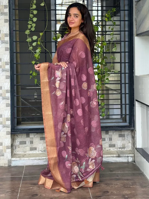 Violet_Pure_cotton_jacquard_Digital_Print_Saree_With_Unstitched_Blouse_For_Women