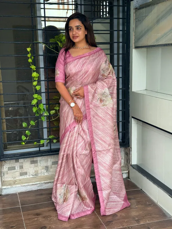 Pink_Pure_tusser_linen_Digital_Print_Saree_With_Unstitched_Blouse_For_Women