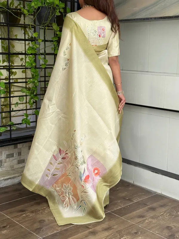 Yellow_linen_cotton_katha_work_Saree_With_Unstitched_Blouse_For_Women