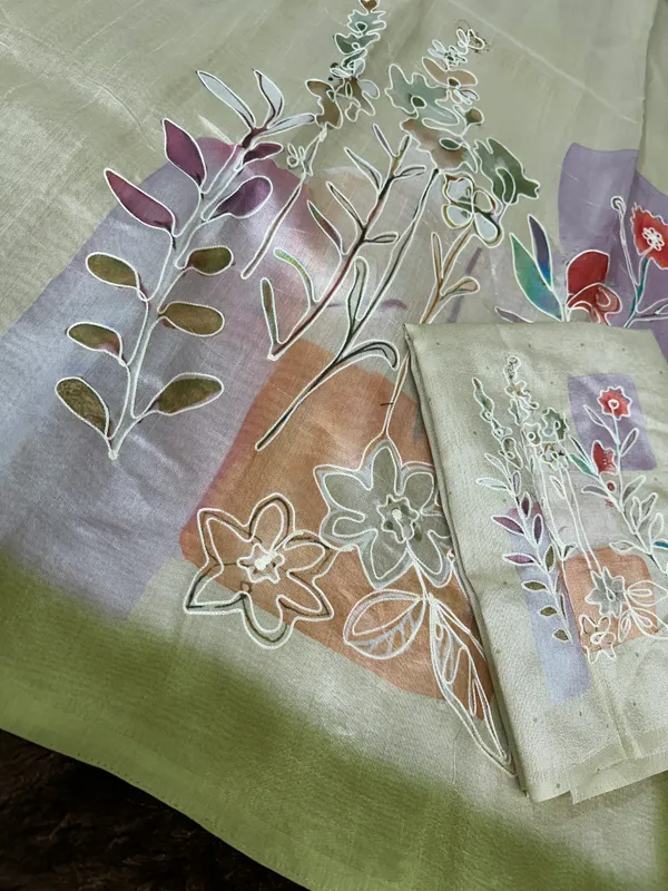 Yellow_linen_cotton_katha_work_Saree_With_Unstitched_Blouse_For_Women