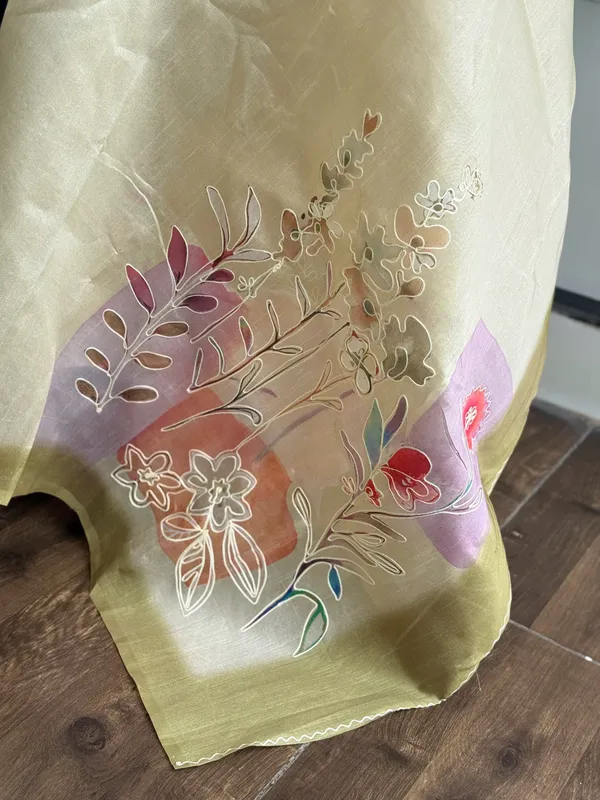 Yellow_linen_cotton_katha_work_Saree_With_Unstitched_Blouse_For_Women