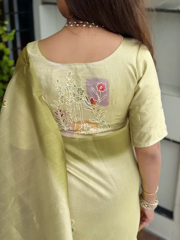 Yellow_linen_cotton_katha_work_Saree_With_Unstitched_Blouse_For_Women