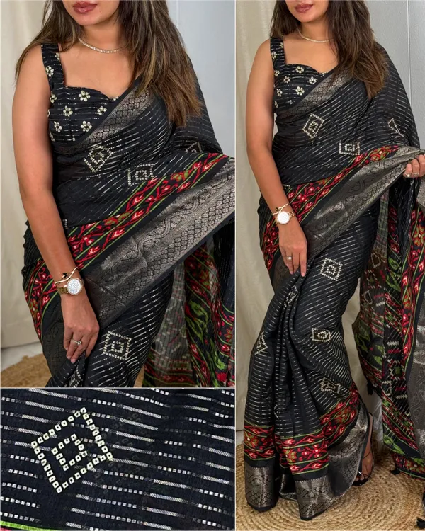 Black_Muslin_Cotton_Zari_Jacquard_Premium_Bandhani_Printed_Saree_For_Women