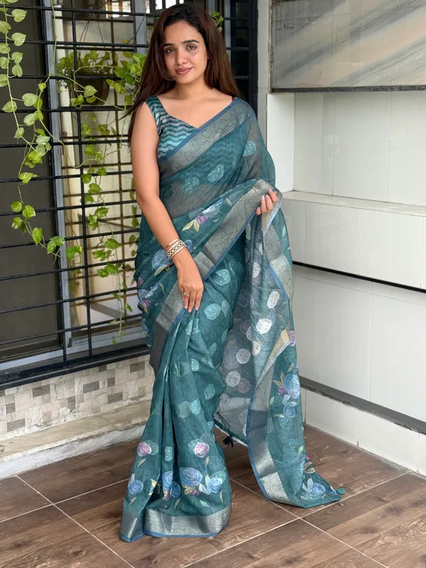 Teal_Pure_cotton_jacquard_Digital_Print_Saree_With_Unstitched_Blouse_For_Women