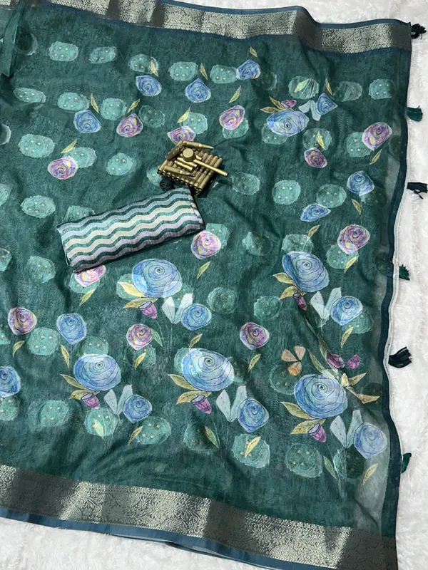 Teal_Pure_cotton_jacquard_Digital_Print_Saree_With_Unstitched_Blouse_For_Women