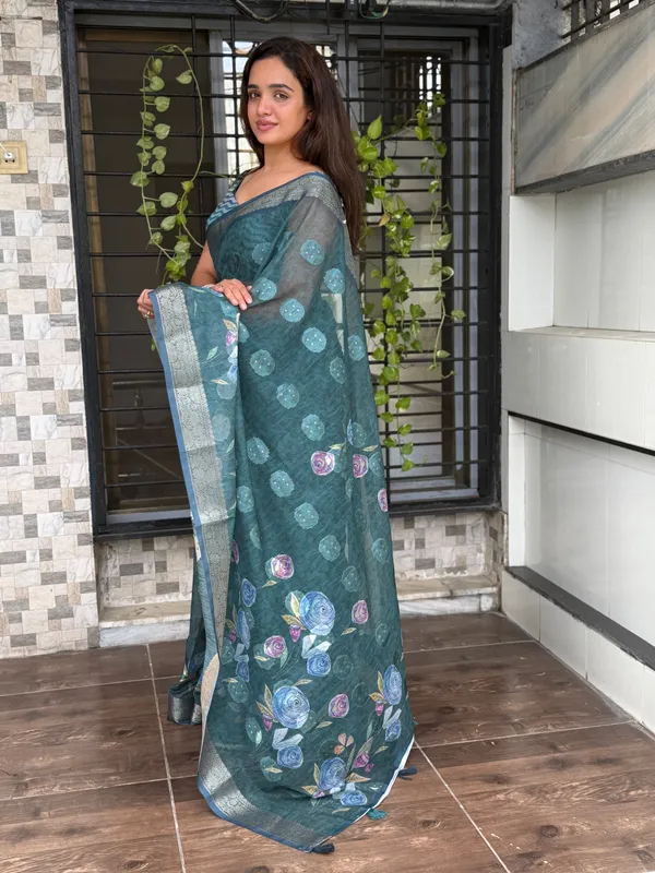 Teal_Pure_cotton_jacquard_Digital_Print_Saree_With_Unstitched_Blouse_For_Women