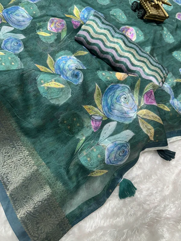 Teal_Pure_cotton_jacquard_Digital_Print_Saree_With_Unstitched_Blouse_For_Women