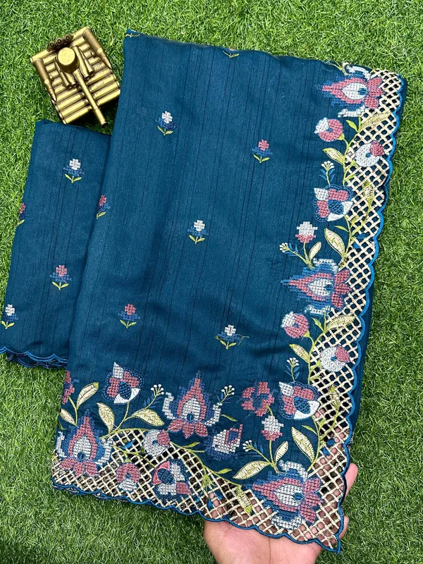 Blue_Visca_Slub_Silk_Premium_Embroidered_Work_Saree_For_Women