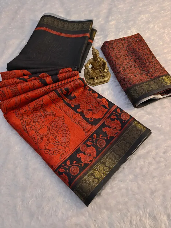 Orange_mull_mull_cotton_Premium_kalamkari_print_For_Women