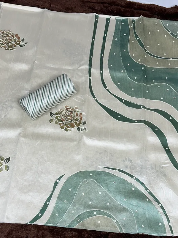 White_Green_pure_Tusser_linen_katha_work_Saree_With_Unstitched_Blouse_For_Women