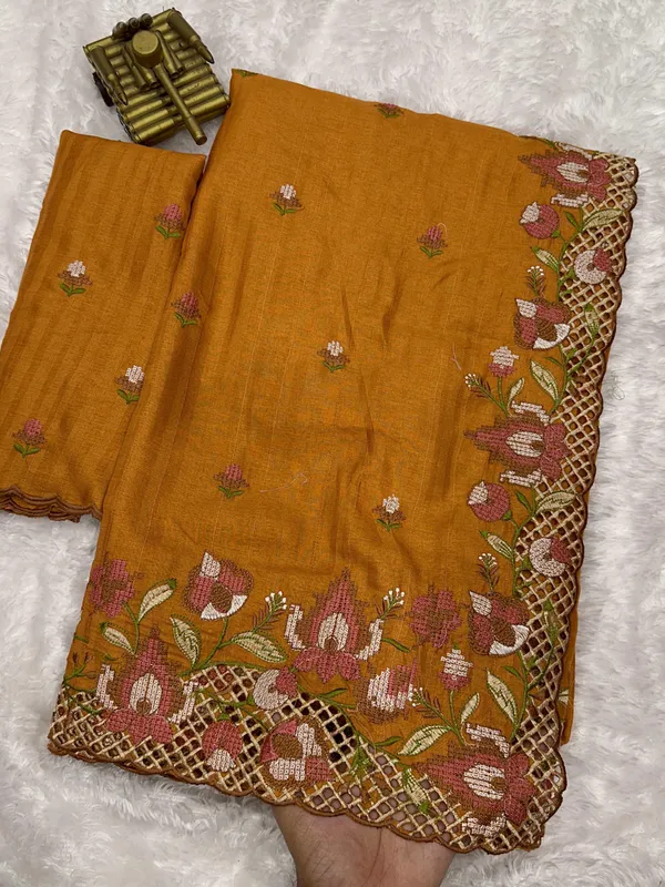 Dark_Yellow_Visca_Slub_Silk_Premium_Embroidered_Work_Saree_For_Women