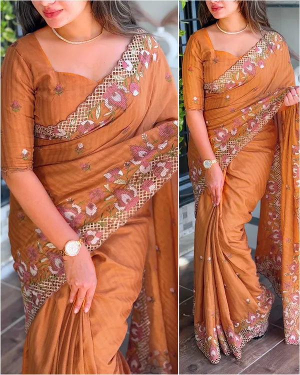 Dark_Yellow_Visca_Slub_Silk_Premium_Embroidered_Work_Saree_For_Women