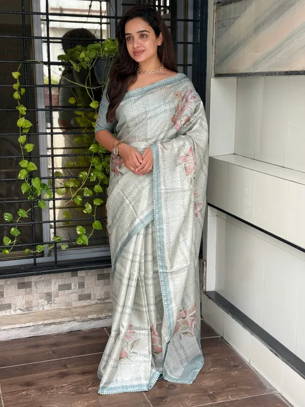 Light_Grey_Pure_tusser_linen_Digital_Print_Saree_With_Unstitched_Blouse_For_Women