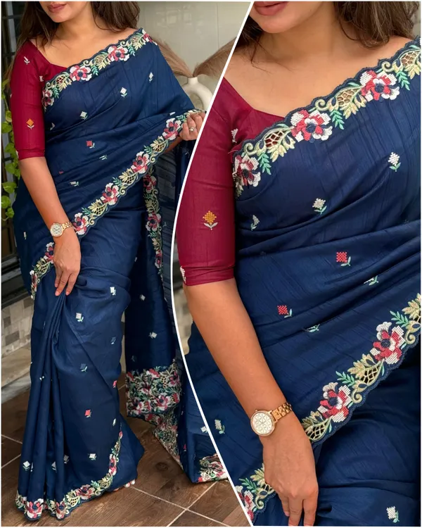 Blue_Visca_Slub_Silk_Premium_Embroidered_Work_Saree_For_Women