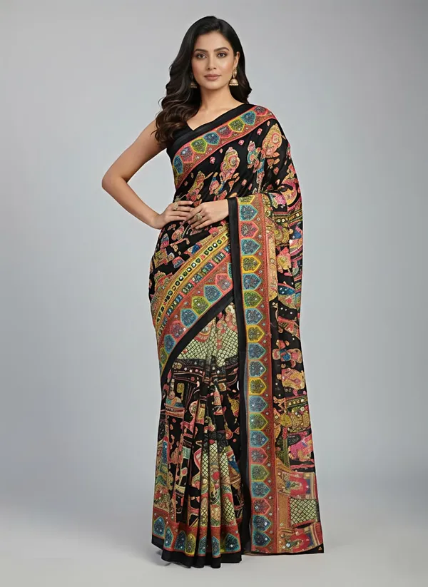 Black_masakali_georgette_saree_Premium_Digital_Print_&_Mirror_Work_For_Women