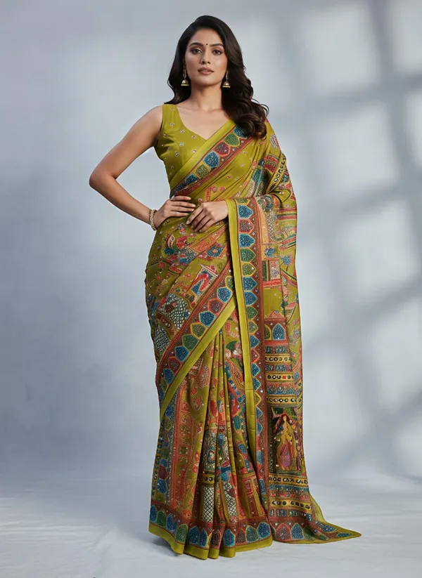 Parrot_Color_masakali_georgette_saree_Premium_Digital_Print_&_Mirror_Work_For_Women