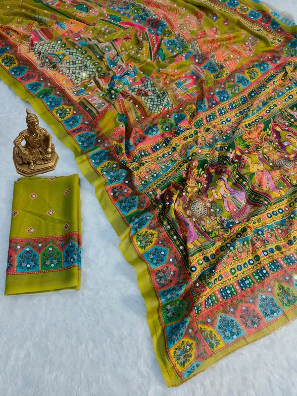 Parrot_Color_masakali_georgette_saree_Premium_Digital_Print_&_Mirror_Work_For_Women