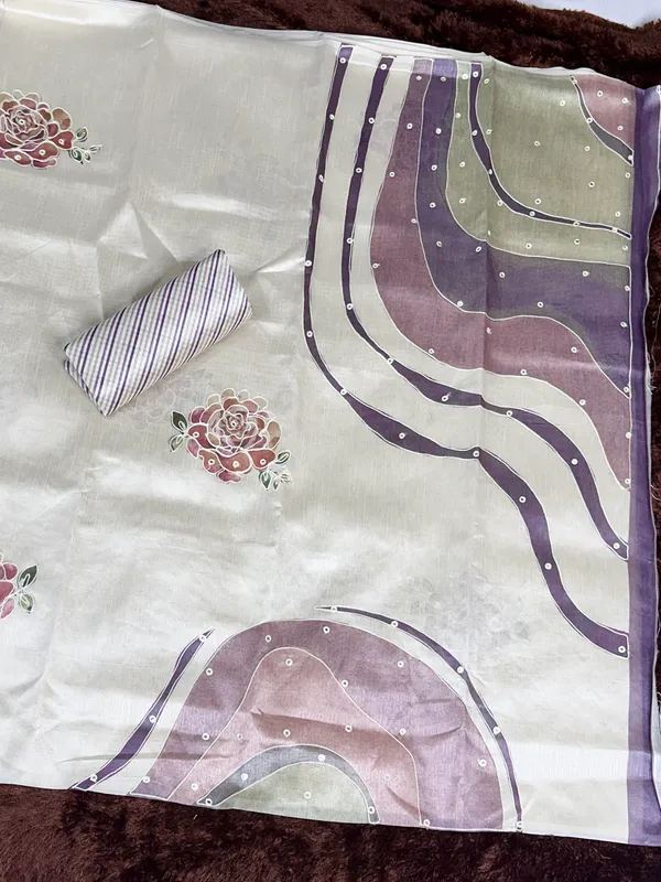 White_Pink_pure_Tusser_linen_katha_work_Saree_With_Unstitched_Blouse_For_Women