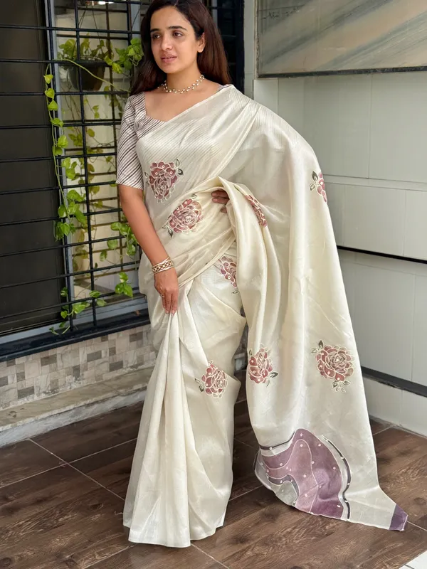 White_Pink_pure_Tusser_linen_katha_work_Saree_With_Unstitched_Blouse_For_Women