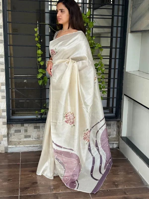 White_Pink_pure_Tusser_linen_katha_work_Saree_With_Unstitched_Blouse_For_Women